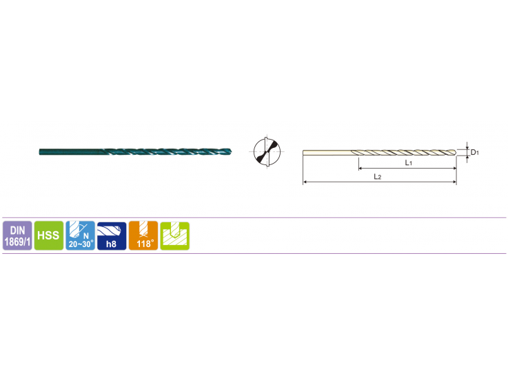 Foret à métaux extra long DIN 1869-TL HSS D. 6.5 x Lu. 150 x Lt